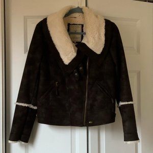 GUESS Faux-Fur-Collar Suede Leather Jacket